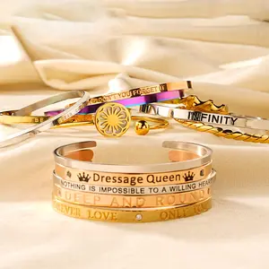 Pulsera personalizada de acero inoxidable chapado en oro de 18k para mujer, brazalete abierto ancho esmaltado