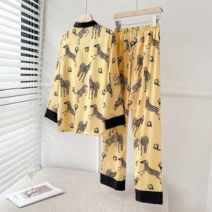 אביב באיכות גבוהה משי V-צוואר הלבשת נשים של בית ללבוש שתי חתיכה לילה חליפת יוקרה סאטן זברה מודפס ארוך שרוול פיג 'מה - Product Image 4