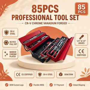Kit d'outils de 85 pièces avec valise à roulettes et boîte en aluminium, quatre niveaux de combinaisons d'outils de quincaillerie - Product Image 1