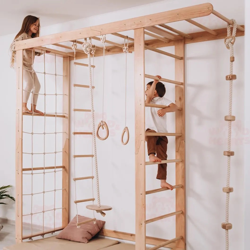 90x90 Wooden Montessori Climbing Wall Net Toddler Indoor Gym with Swedish Ladder Monkey Bars Soft Indoor Swing