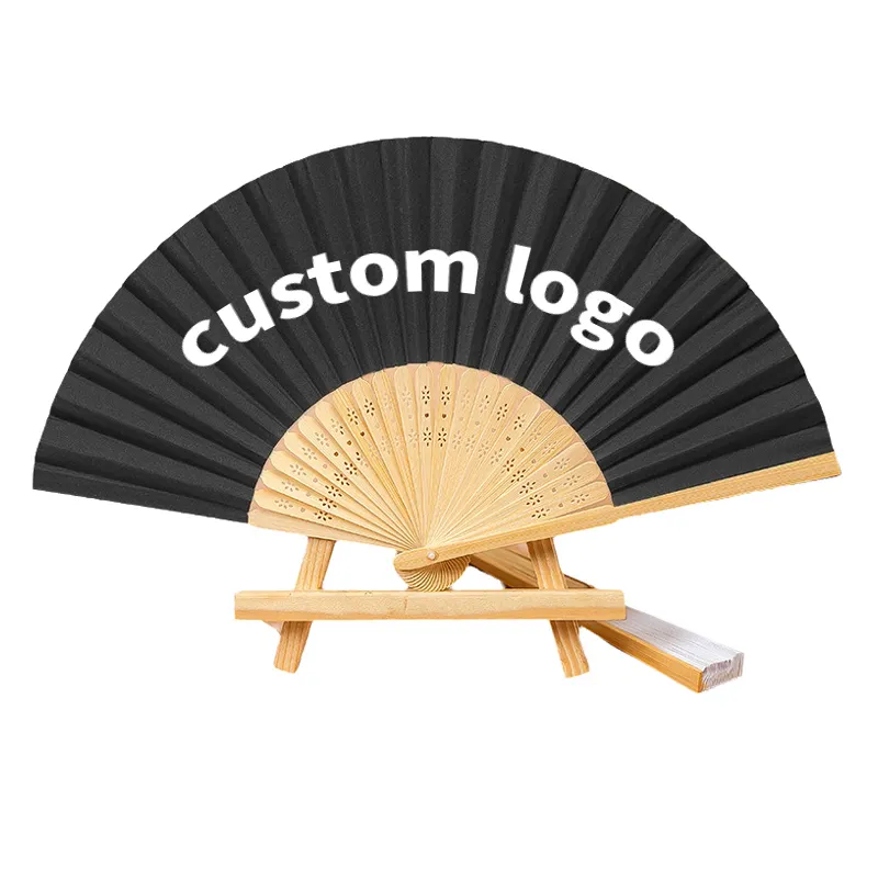 Ventaglio personalizzato in bambù nero personalizzato con Logo di seta stampato di alta qualità pieghevole per ventilatori stampati