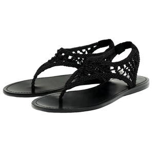 Sandales plates pour femmes, noires, à bout ouvert, avec lanières en corde tressée, semelle respirante en PU, tendance mode été - Product Image 1