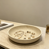 Plateau en résine de travertin beige Wabi Sabi, plat décoratif en pierre naturelle pour bijoux, parfums, bougies, plateau de rangement pour coiffeuse