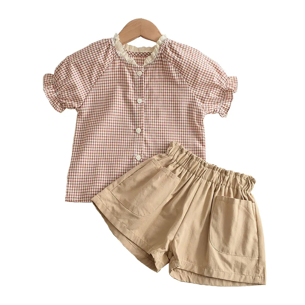 Bear Leader Summer New Girls Suit Fashionable And Foreign Cute Fasual Lace Collar Plaid Short Sleeve Suit