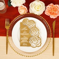 Tarjeta de Menú de Boda Única con Diseño de Rosa Hueca Láser, Acrílico Dorado Espejado, Estampada en Blanco, Invitación de Boda