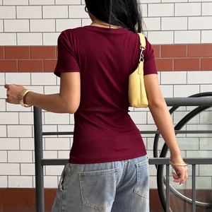 Camiseta de Verano Elástica y Ajustada con Estampado Digital para Mujer, Cuello en V, Transpirable, de Punto, con Contraste de Color, Manga Corta, Informal - Product Image 3