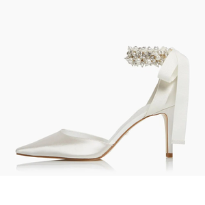 Manufacturer Elegant <b>White</b> Satin Leather Wedding Shoes High Quality Custom Ankle Peals High <b>Heels</b> Bridal Wedding Shoes for Women - Product Image 2