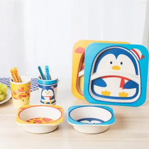 Bande dessinée en fibre de bambou enfants assiette divisée tasse bol fourchette et cuillère ensemble de vaisselle en bambou ensemble d'assiettes de nourriture pour enfants