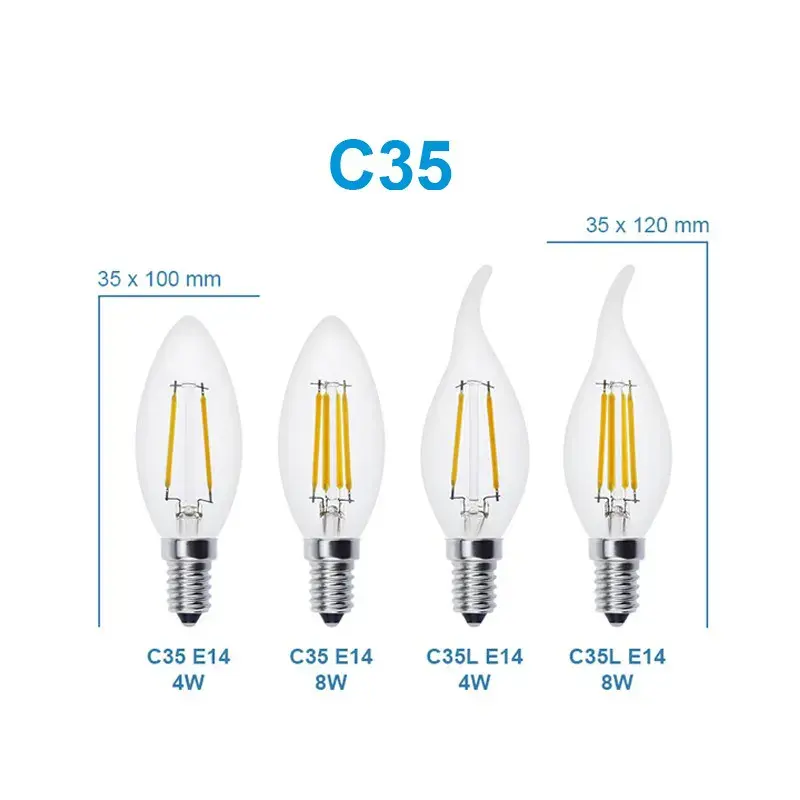 Bohlam LED Vintage C35/C35L 4w 6W E14 E12, bohlam lilin filamen LED Candelabra, bohlam lilin bening hangat putih 2700K AC 120V 220V