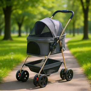 Poussette pliable grise pour chiens de petite taille avec panier de transport amovible et porte-gobelet - Product Image 2