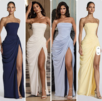 Robe longue sans bretelles pour femme, respirante, écologique, coupe trapèze, froncée, col montant, fente haute, taille empire, en mousseline unie