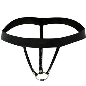 Men's Faux <b>Leather</b> Thong Black Low-Rise Spandex Sexy <b>Underwear</b> With Ring Detail - Product Image 1