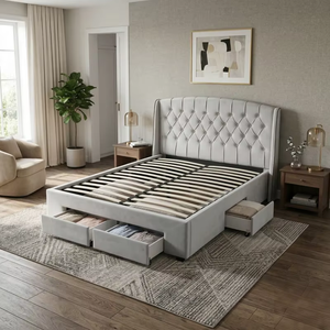 Cadre de lit de rangement moderne en velours gris capitonné <span class=keywords><strong>avec</strong></span> 4 tiroirs pour chambre à coucher, sommier à lattes et tête de lit incurvée à boutons en losange - Product Image 3