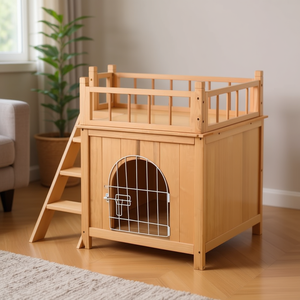 Casa para Gatos de Madera Natural con Puerta de Alambre con Cerradura, Estilo Clásico Rectangular para Gatos - Product Image 2