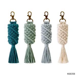 Porte-clés avec pompon en macramé noué à la main, Style Pastoral rétro