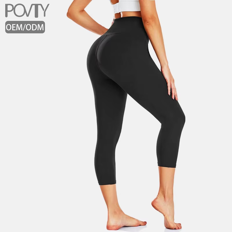POVTY OEM ODM Custom Printed Capri Leggings for Women High Waisted Tummy Control Black Workout Yoga Pants Gym Fitness Wholesale