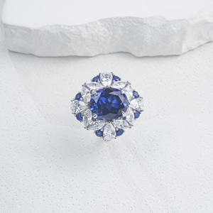 <b>925</b> Sterling <b>Silver</b> Lab Created Sapphire Oval Cut Floral Halo Statement <b>Ring</b> - Product Image 1