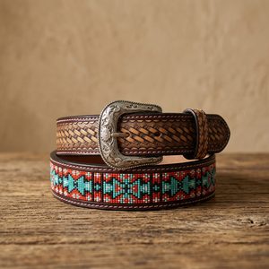 Ceinture en cuir de vachette brodée géométriquement de style ethnique avec boucle western argentée, style décontracté, ceinture en cuir durable - Product Image 1