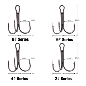 Anzuelos triples para pesca, tamaños 2, 4, 6, 8, de acero con alto contenido de carbono, para pesca en agua dulce, lagos y estanques. - Product Image 1