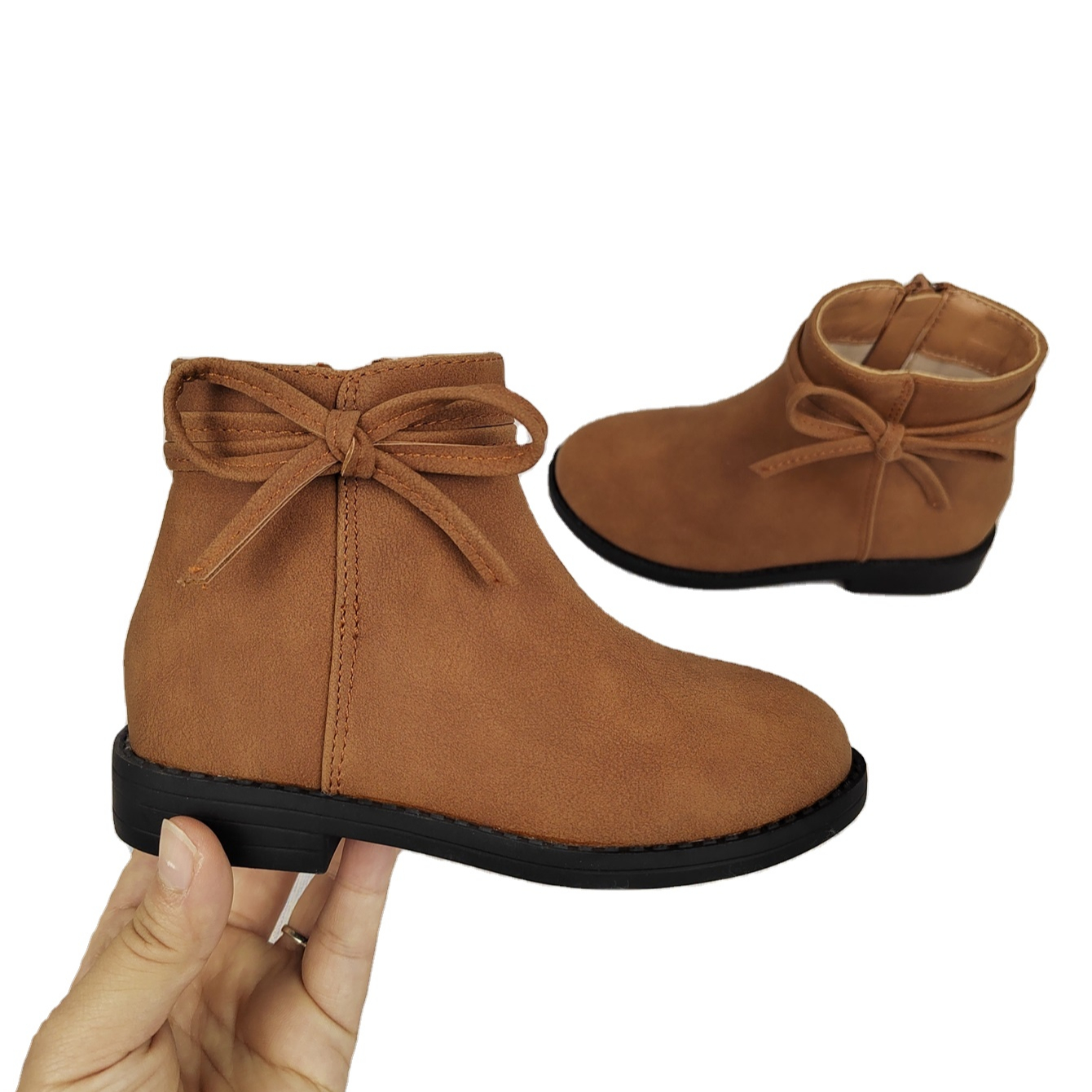 Children's girls boots fashion simple glossy design bow decoration fashion simple side zipper girl's boots