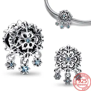 Winter S925 Silver Snow Charm Blue Murano Glass Beads Snowball Angel Pendant Fit for Pandora Bracelet Christmas Jewelry Gift