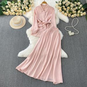 Camisa de protección solar de manga <span class=keywords><strong>larga</strong></span> rosa de estilo suave de verano para mujer <span class=keywords><strong>con</strong></span> <span class=keywords><strong>falda</strong></span> adelgazante de cintura alta de dos piezas <span class=keywords><strong>con</strong></span> patrón sólido - Product Image 6