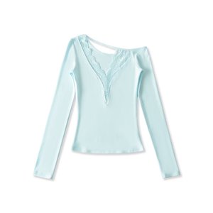 PB&amp;ZAdeep V Lace Sloping Shoulder Long Sleeved T-shirt for Women's Slim Fit and Slimming, <strong>Patchwork</strong> Bottom, Elastic High-end <strong>Top</strong> - Product Image 4