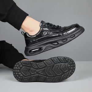 Zapatillas Deportivas de Piel Auténtica Negra con Punta Redonda y Cordones, Amortiguación de Aire, Entresuela de EVA, Suela de Goma, Estilo Baloncesto para Toda Temporada - Product Image 3