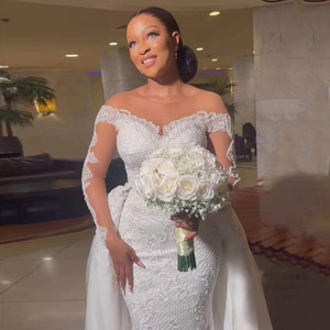African Mermaid Wedding Dress Long Sleeve Nude Mesh Vintage <b>Lace</b> Bridal Gown With Large Train Pure <b>White</b> Ivory - Product Image 2