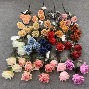 Fournisseurs de fleurs artificielles, fleurs décoratives, roses en velours, 3 têtes, roses rouges, corne rose avec tige noire, S02478
