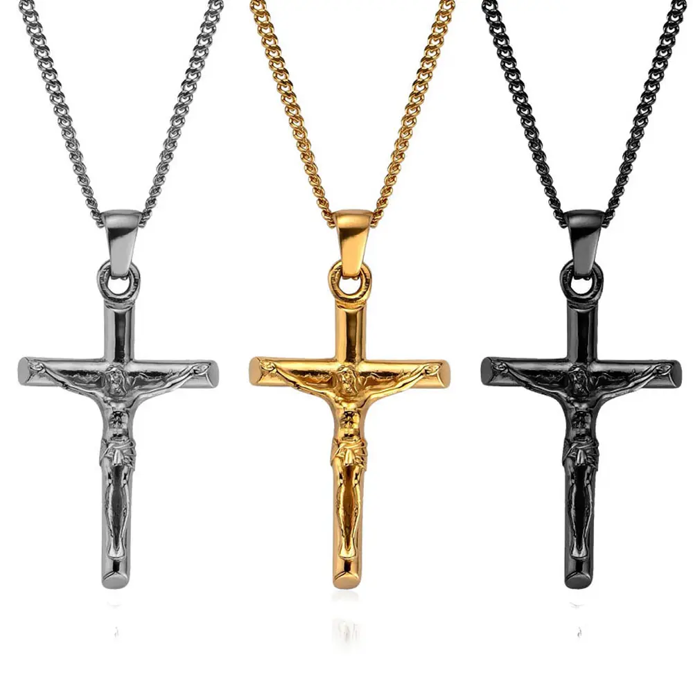 Original Factory Wholesale Stainless Steel Crucifix Jesus Cross Pendant Necklace Religious Christian Cross Charm Necklaces Gold