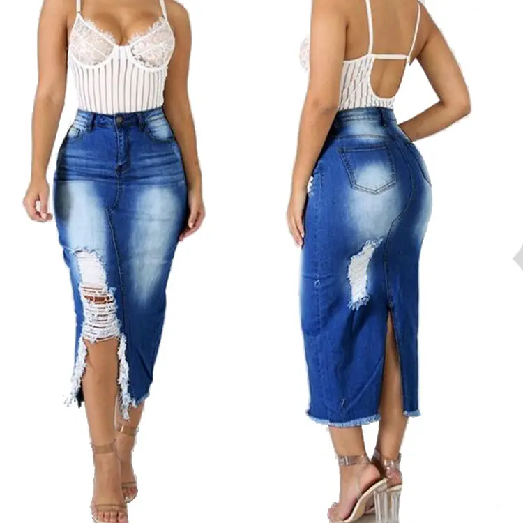 Damenmode Röcke mit hoher Taille Plus Size S-5XL Ripped Split Denim Distressed Jeans Bodycon Langer Rock für Damen