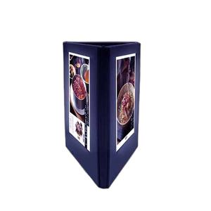 Porta Menús Iluminado de 3 Caras en Cuero Sintético Azul Oscuro, Plegable, con Tarjetas LED para Mesa - Product Image 1