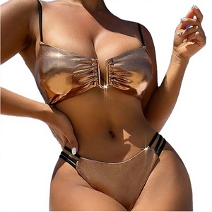 Nouvelle arrivée Robe de bain sexy pour femmes, patchwork, volants, col en V, sans bretelles, brillante, écologique, respirante, en spandex/polyester, 2 pièces - Product Image 3