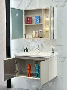 Meuble-lavabo moderne <span class=keywords><strong>en</strong></span> acier inoxydable kaki, armoire murale <span class=keywords><strong>en</strong></span> PVC <span class=keywords><strong>avec</strong></span> miroir vitré à droite et vasque <span class=keywords><strong>en</strong></span> céramique - Product Image 6