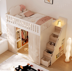 Ensemble de chambre à coucher moderne en bois de chêne double pour enfants et adultes, <span class=keywords><strong>lit</strong></span> mezzanine avec armoires, panneau de rangement en bois, style design - Product Image 3