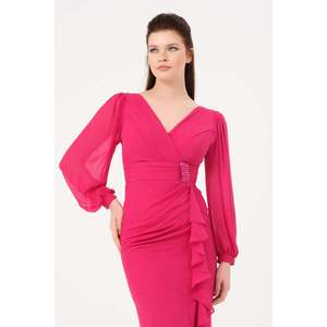 1618 Vestido de noche con cuello en V, de gasa, con lazo y cintura natural, color rojo - Product Image 5