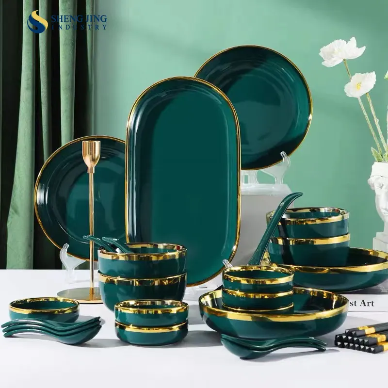 Shengjing Factory Elegant Green Glazed Gold Rim Restaurant Kitchen Ceramic Dinner Plate Ware Dishware Porcelain Dinnerware Set