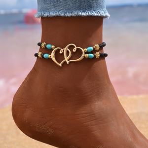 2025 बोहेमियन शैली की डबल लेयर टर्कोइस दिल को हाथ से बनाया गया चावल बेडेड नेकलेस फैशनेबल बीच पैर की सजावट - Product Image 6