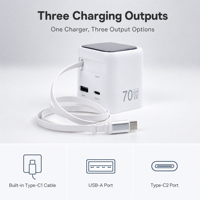 Chargeur rapide USB-C PD 65 Watts avec câble rétractable, prise US, charge rapide, ignifuge, type C