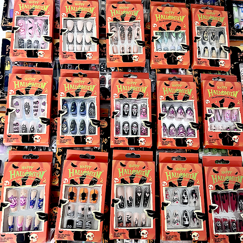Hot New Fashion Halloween 24pcs/Set Long Handmade Coffin Fake Acrylic Nails Custom Logo French Style Press on Nails Short