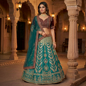 LAHENGA CHOLI DUPATTE en Soie Satinée Japonaise avec Broderie de Paillettes, Style Vintage, Longueur Ras du Sol, Séchage Rapide, pour Fête et Mariage - Product Image 1