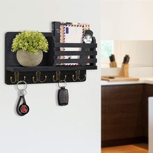 Factory <b>Wall</b> Shelf Wood Custom Wholesale Entryway Door <b>Storage</b> Rack Wooden Mail Sorter Organizer With 4 Double Key Hooks - Product Image 3