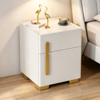 Table de chevet moderne et minimaliste en bois, directement de l'usine, avec plateau en pierre et deux tiroirs spacieux, idéale pour les chambres d'hôtel.