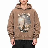 Sweat à capuche zippé personnalisé imprimé DTG pour homme, 380 GSM, marron délavé, coupe ample et carrée, OEM, faible MOQ