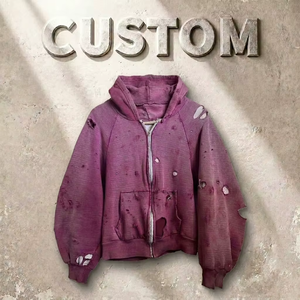 Felpa con Cappuccio Vintage Personalizzata, Effetto Invecchiato e Strappato, con Zip, Oversize, <span class=keywords><strong>Viola</strong></span> Prugna, Maniche Raglan, Stile Streetwear per <span class=keywords><strong>Uomo</strong></span> - Product Image 1
