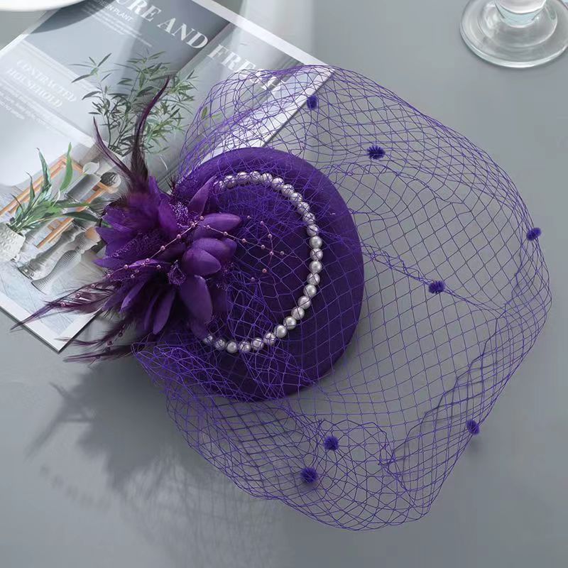 Cappello da donna con fiore in rete a maglia con velo e piume, con clip per copricapo da sposa, accessori per capelli, ornamenti per cocktail e chiesa