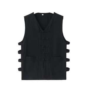 Gilet d'été décontracté pour homme en tissu peigné anti-boulochage, sans manches, multi-poches, style vintage chinois avec boucle et bouton - Product Image 1
