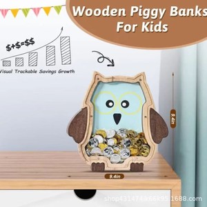 Hucha de madera, adorno creativo con forma de búho, caja de ahorro infantil con diseño de dibujos animados para guardar monedas. - Product Image 4