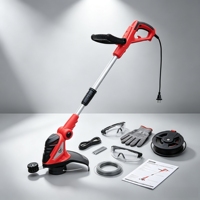 L&P 230V 450W 10000 tr/min 28cm 1.4mm Tondeuse à gazon électrique à double ligne avec alimentation automatique par poussée, télescopique, 106-126cm, rouleau de bordure rotatif à 180°